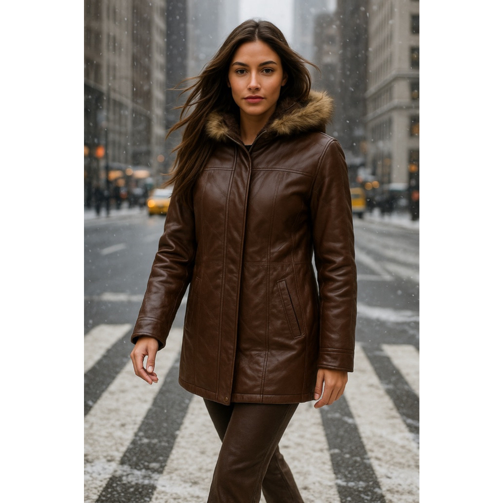 Stag Hill Haband Leather Coat Hooded Faux Fur Trim Brown 2XL Winter Boho Scandi